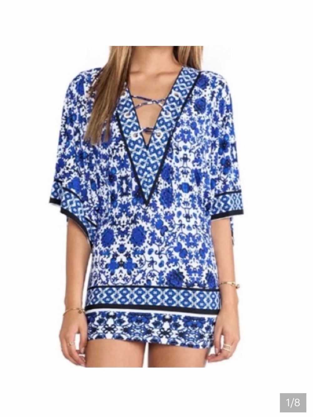 Nanette Lepore Blue Floral Lace-Up V-Neck Swim Cover-Up